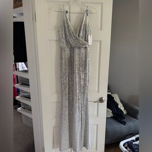 Dress the Population Silver and White Sequin Gown
